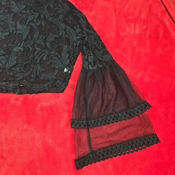 Peach Black Sheer Lace Blouse Floral Scalloped Trim Whimsigoth Coquette Size M - Picture 5 of 16